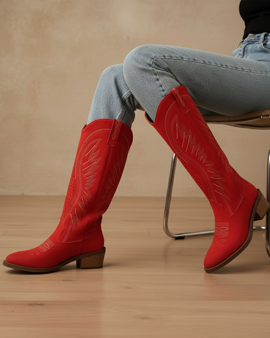 Western-Style Cowboy Boots with Mid-Height Block Heel for Women