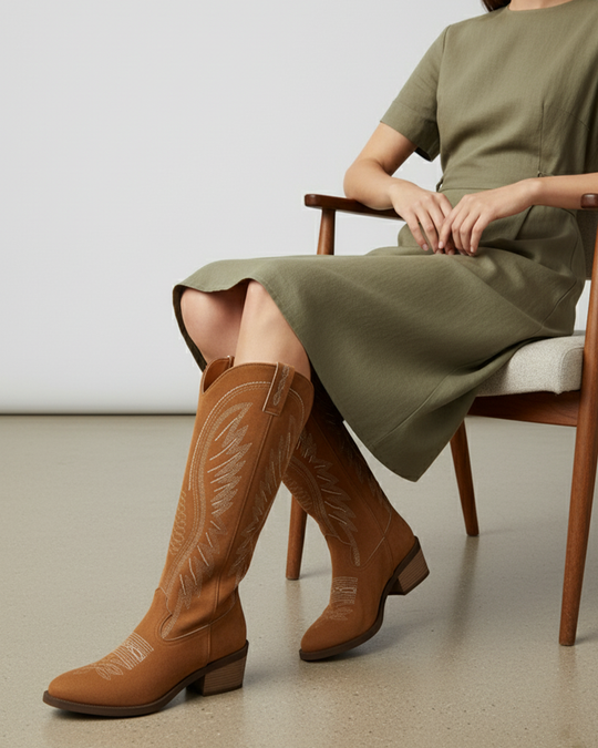 Western-Style Cowboy Boots with Mid-Height Block Heel for Women