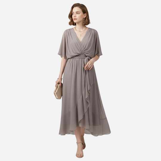 Flowing Chiffon Midi Dress with V-Neck and Belt for Women
