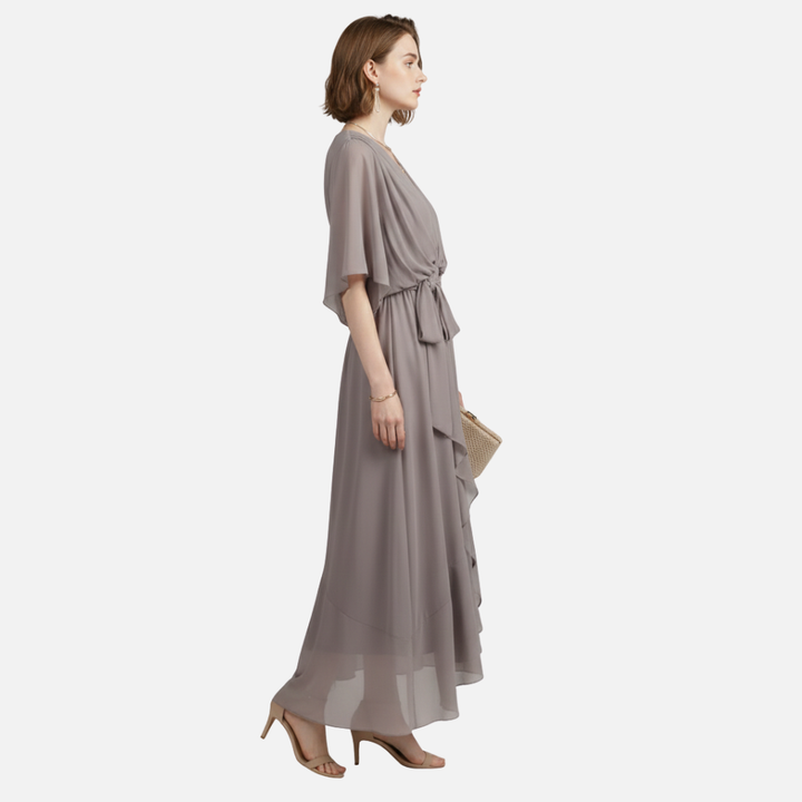 Flowing Chiffon Midi Dress with V-Neck and Belt for Women