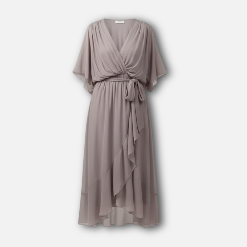 Flowing Chiffon Midi Dress with V-Neck and Belt for Women