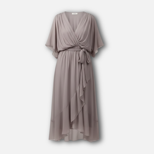 Flowing Chiffon Midi Dress with V-Neck and Belt for Women