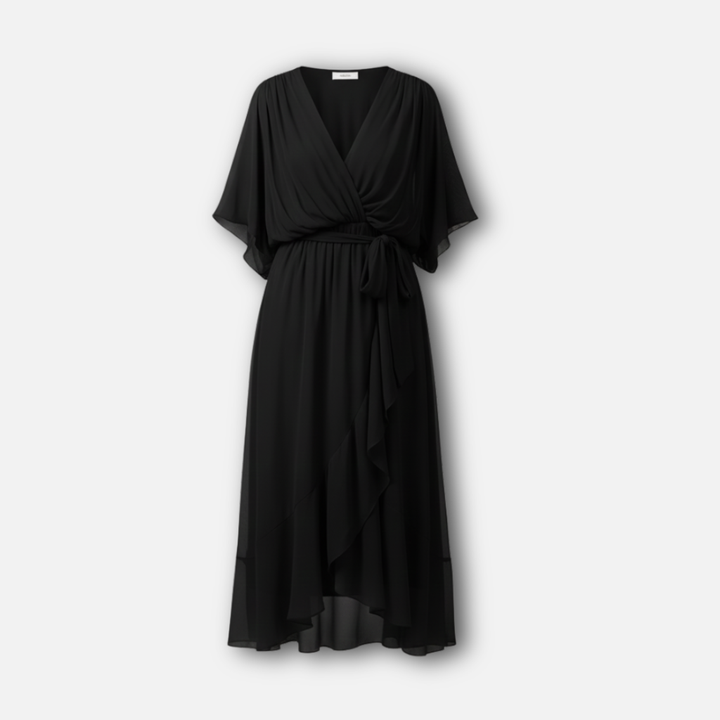 Flowing Chiffon Midi Dress with V-Neck and Belt for Women