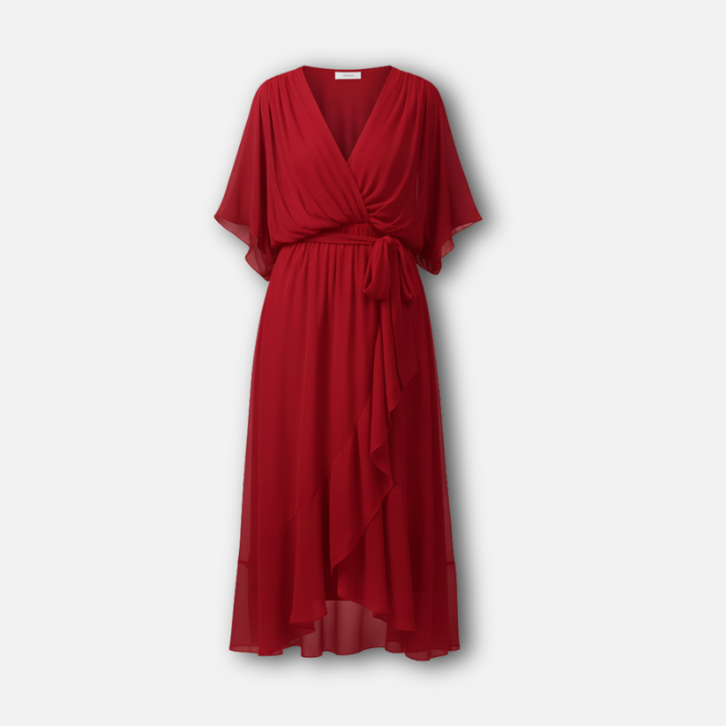 Flowing Chiffon Midi Dress with V-Neck and Belt for Women