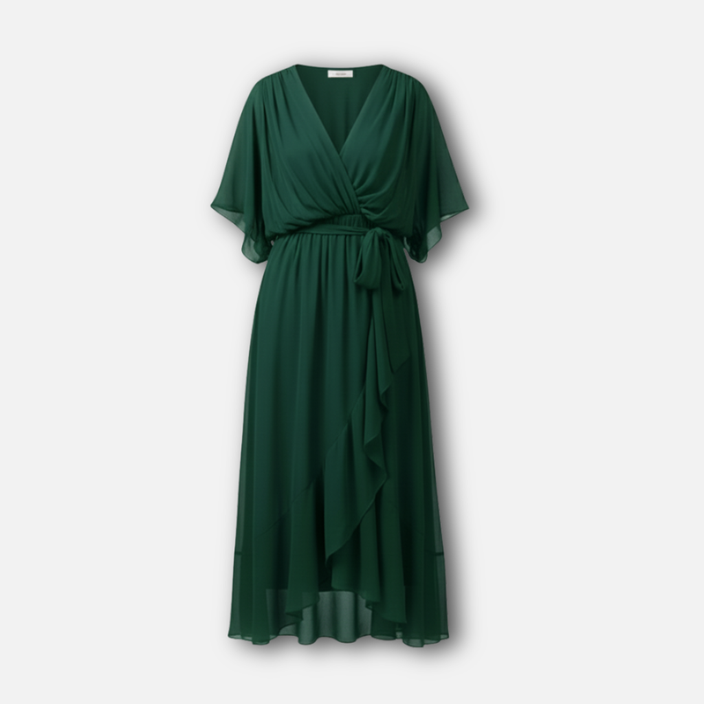 Flowing Chiffon Midi Dress with V-Neck and Belt for Women