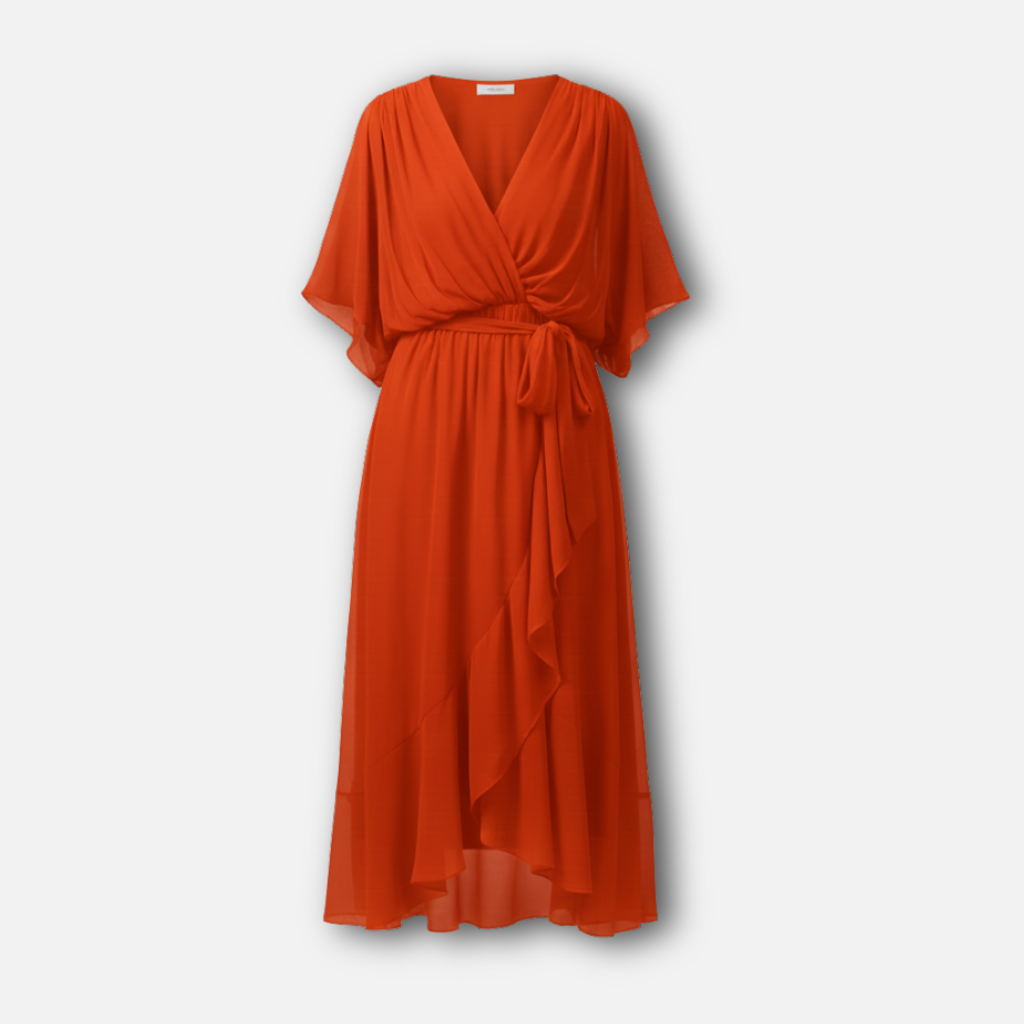 Flowing Chiffon Midi Dress with V-Neck and Belt for Women