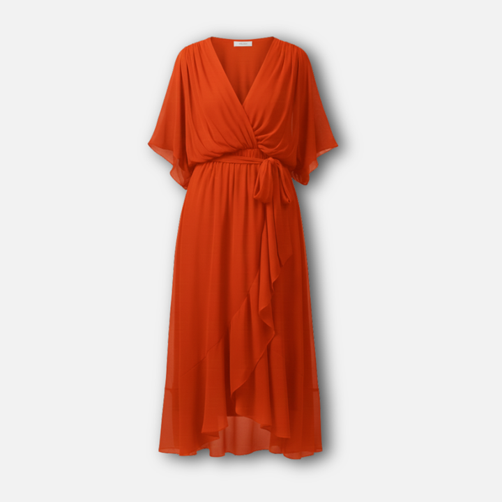 Flowing Chiffon Midi Dress with V-Neck and Belt for Women