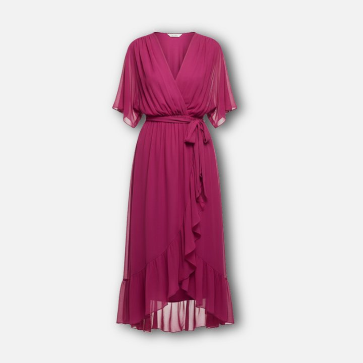 Flowing Chiffon Midi Dress with V-Neck and Belt for Women