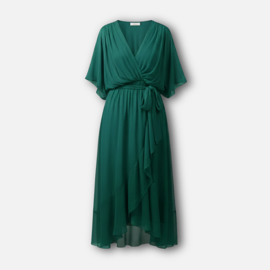Flowing Chiffon Midi Dress with V-Neck and Belt for Women