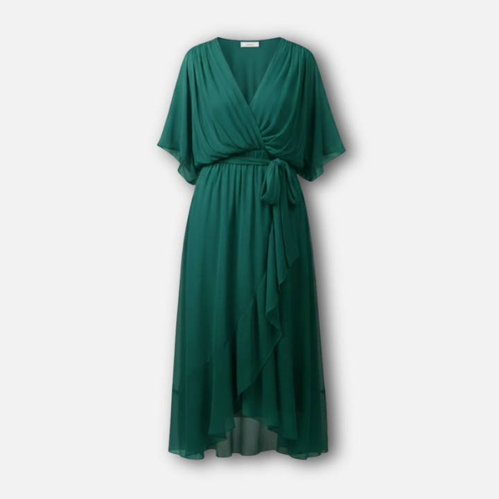 Flowing Chiffon Midi Dress with V-Neck and Belt for Women