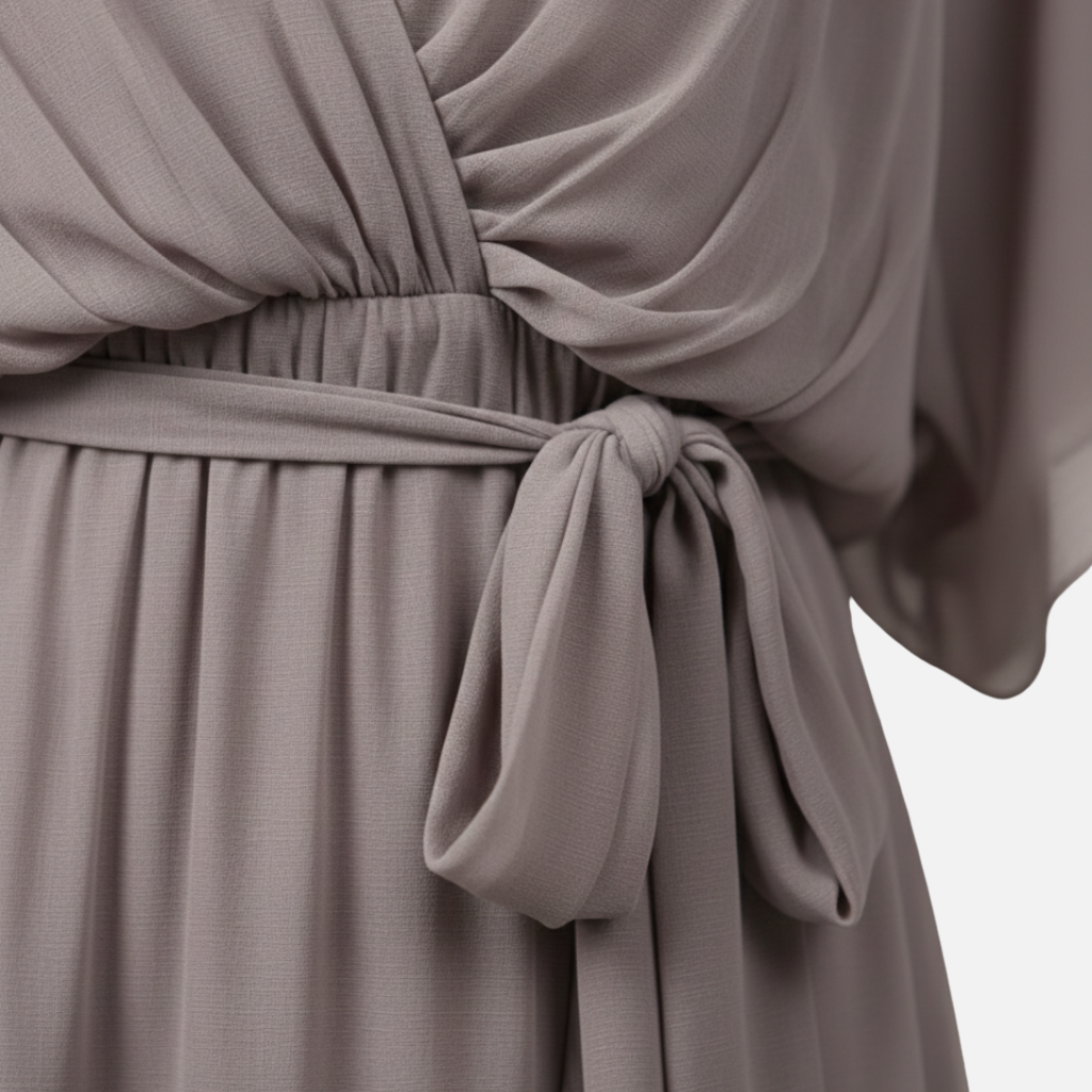 Flowing Chiffon Midi Dress with V-Neck and Belt for Women
