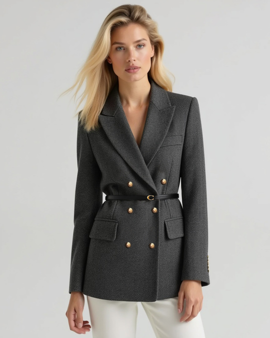 Women’s Double-Breasted Tweed Coat with Notched Lapel