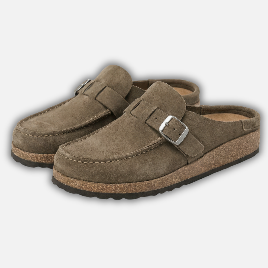 Women’s Faux Suede Mule Shoes with Buckle Strap