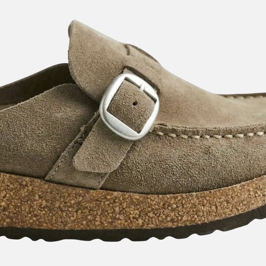 Women’s Faux Suede Mule Shoes with Buckle Strap