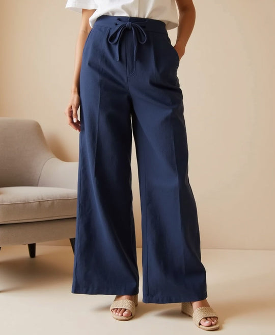 Women’s Linen Blend Loose Trousers with Elastic Waistband