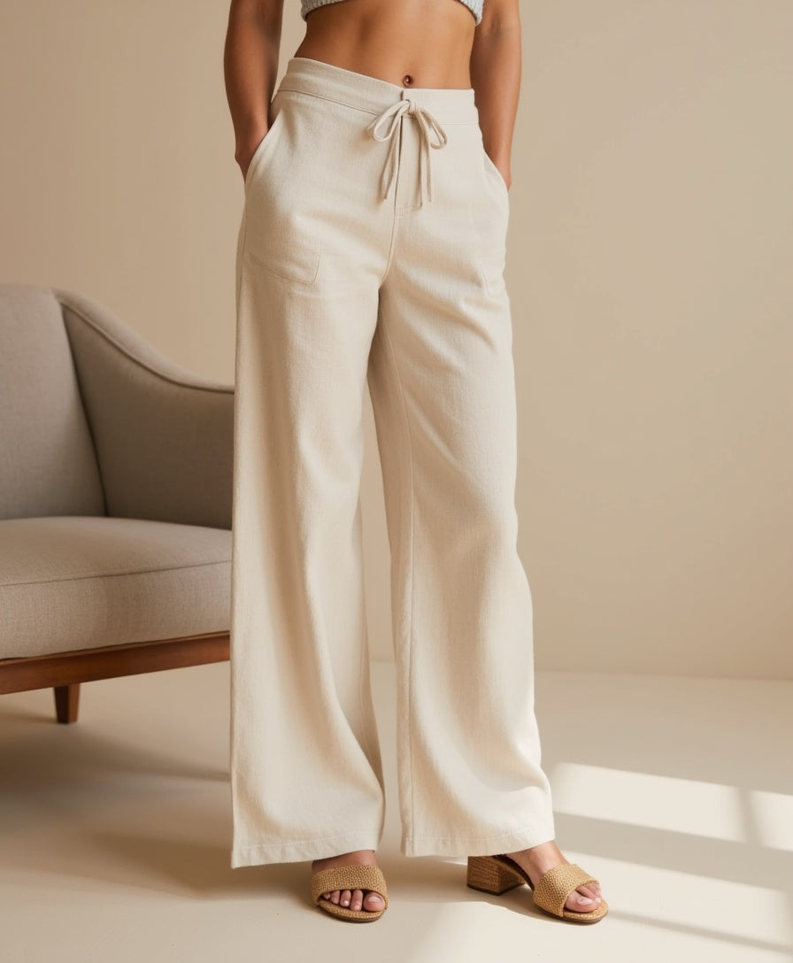 Women’s Linen Blend Loose Trousers with Elastic Waistband