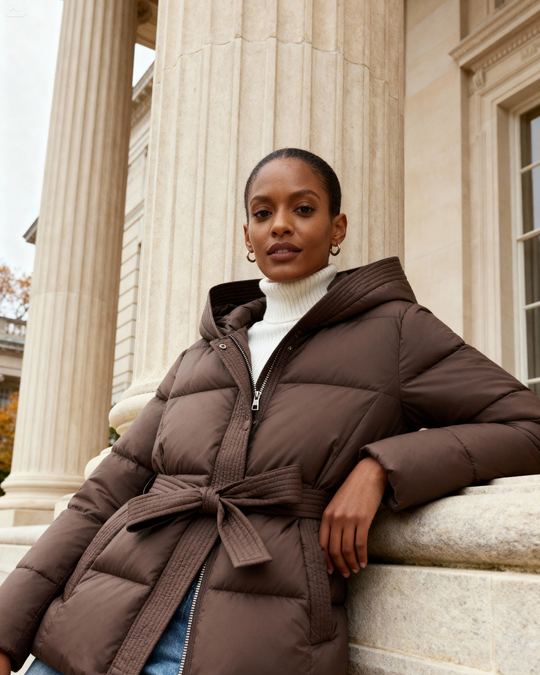 Winter Quilted Padded Jacket with Tie Belt – Mid-Length Coat for Women