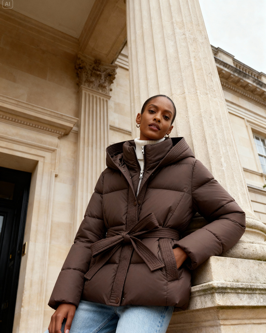 Winter Quilted Padded Jacket with Tie Belt – Mid-Length Coat for Women