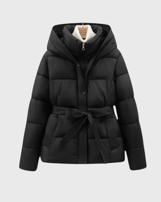 Winter Quilted Padded Jacket with Tie Belt – Mid-Length Coat for Women