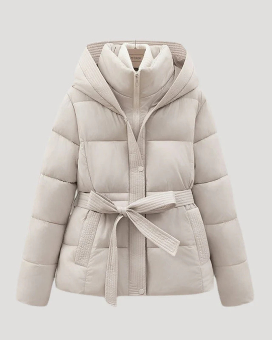 Winter Quilted Padded Jacket with Tie Belt – Mid-Length Coat for Women