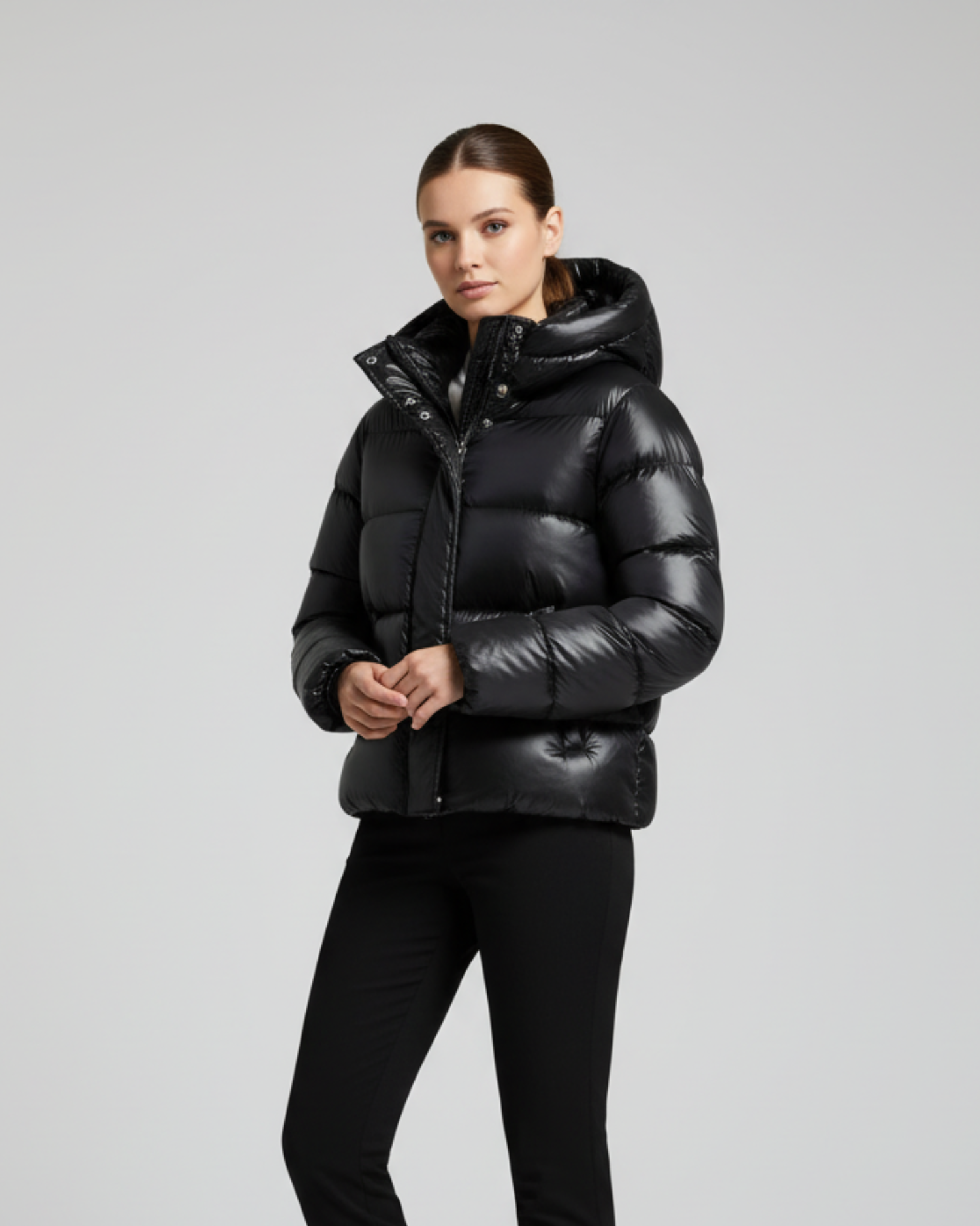Women’s Shiny Finish Hooded Puffer Jacket with Cropped Silhouette