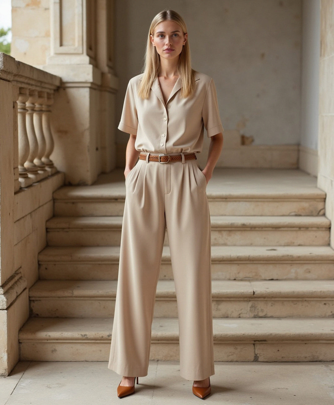 Women’s Straight-Cut Capri Pants with Light Sand Color