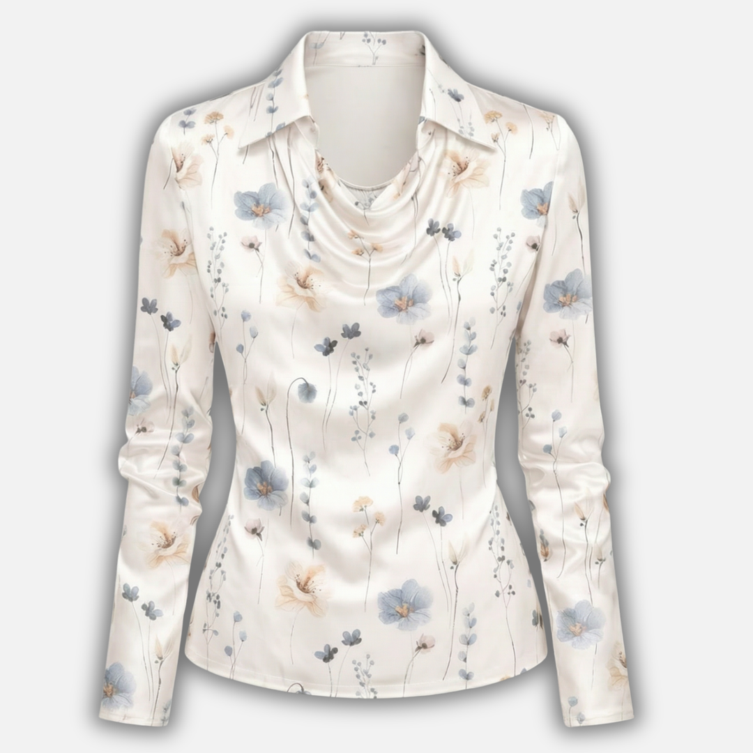 Womens Satin Blouse with Draped Cowl Neck 