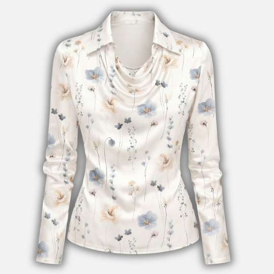 Womens Satin Blouse with Draped Cowl Neck 