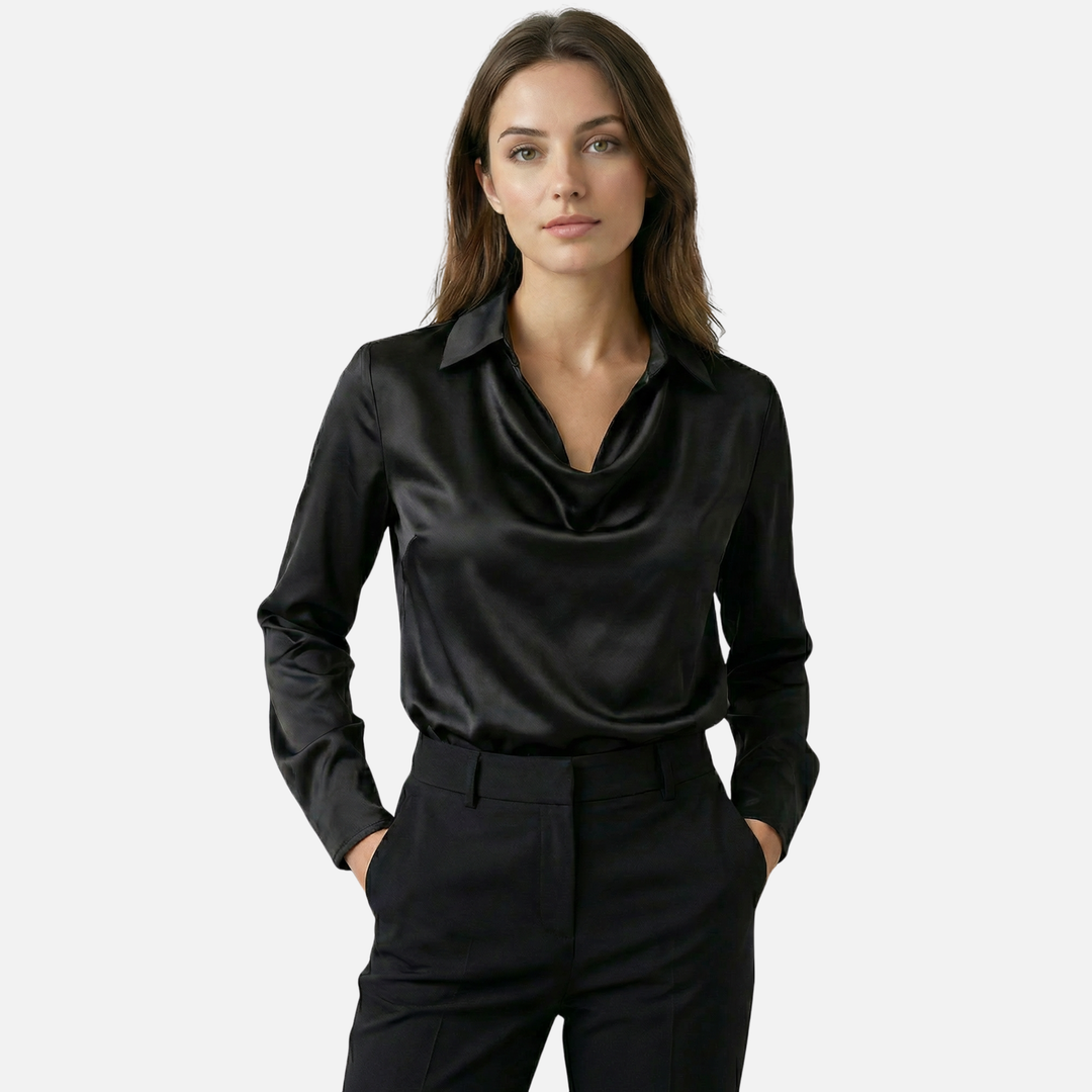 Womens Satin Blouse with Draped Cowl Neck