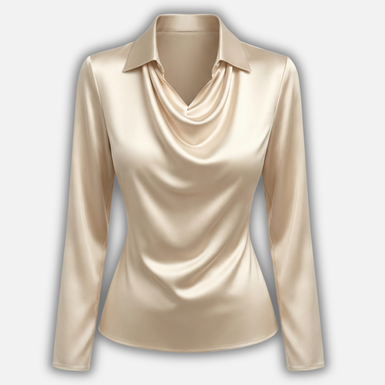 Womens Satin Blouse with Draped Cowl Neck 