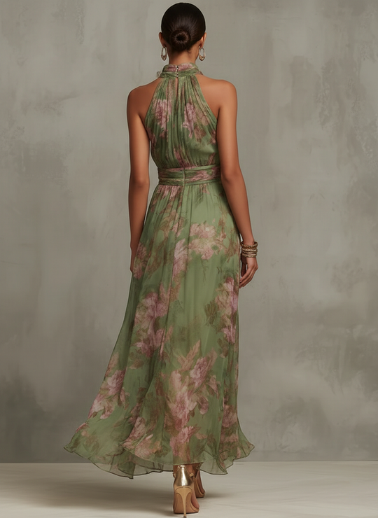 Florence | Green Floral Chiffon Halter Maxi Dress