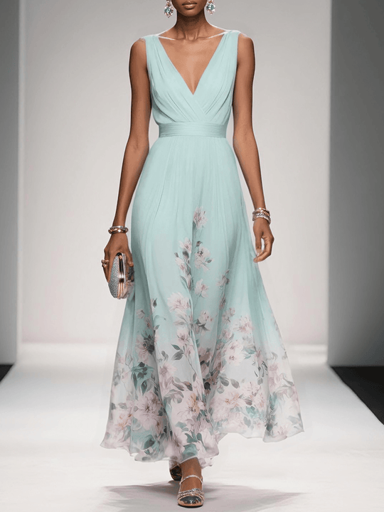 Rose | Light Blue Floral Chiffon V-Neck Maxi Dress