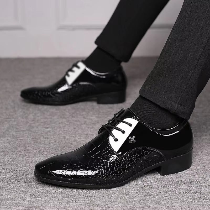 Embossed Pattern Pointed Toe Formal Shoe for Men | Lace-Up Patent Look Design
