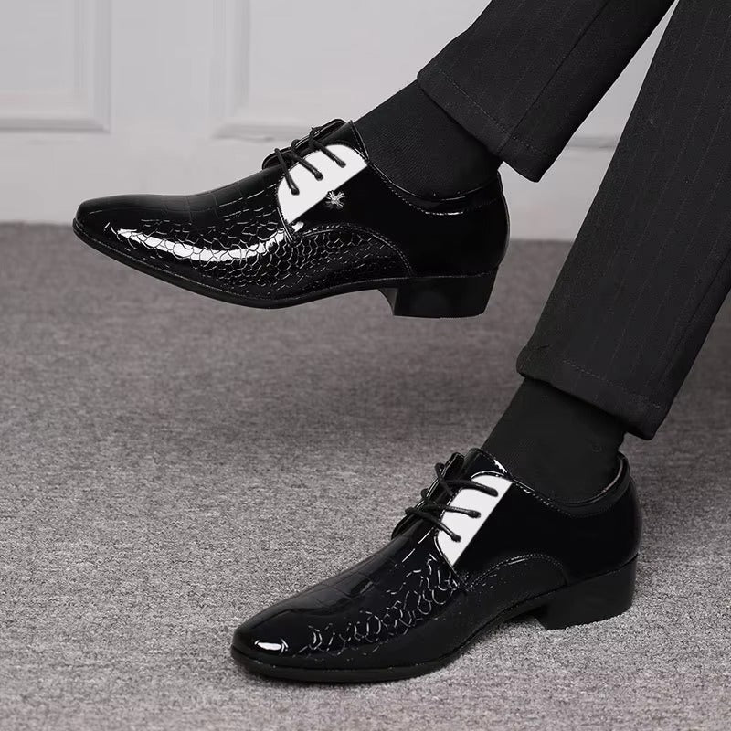 Embossed Pattern Pointed Toe Formal Shoe for Men | Lace-Up Patent Look Design