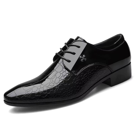 Embossed Pattern Pointed Toe Formal Shoe for Men | Lace-Up Patent Look Design