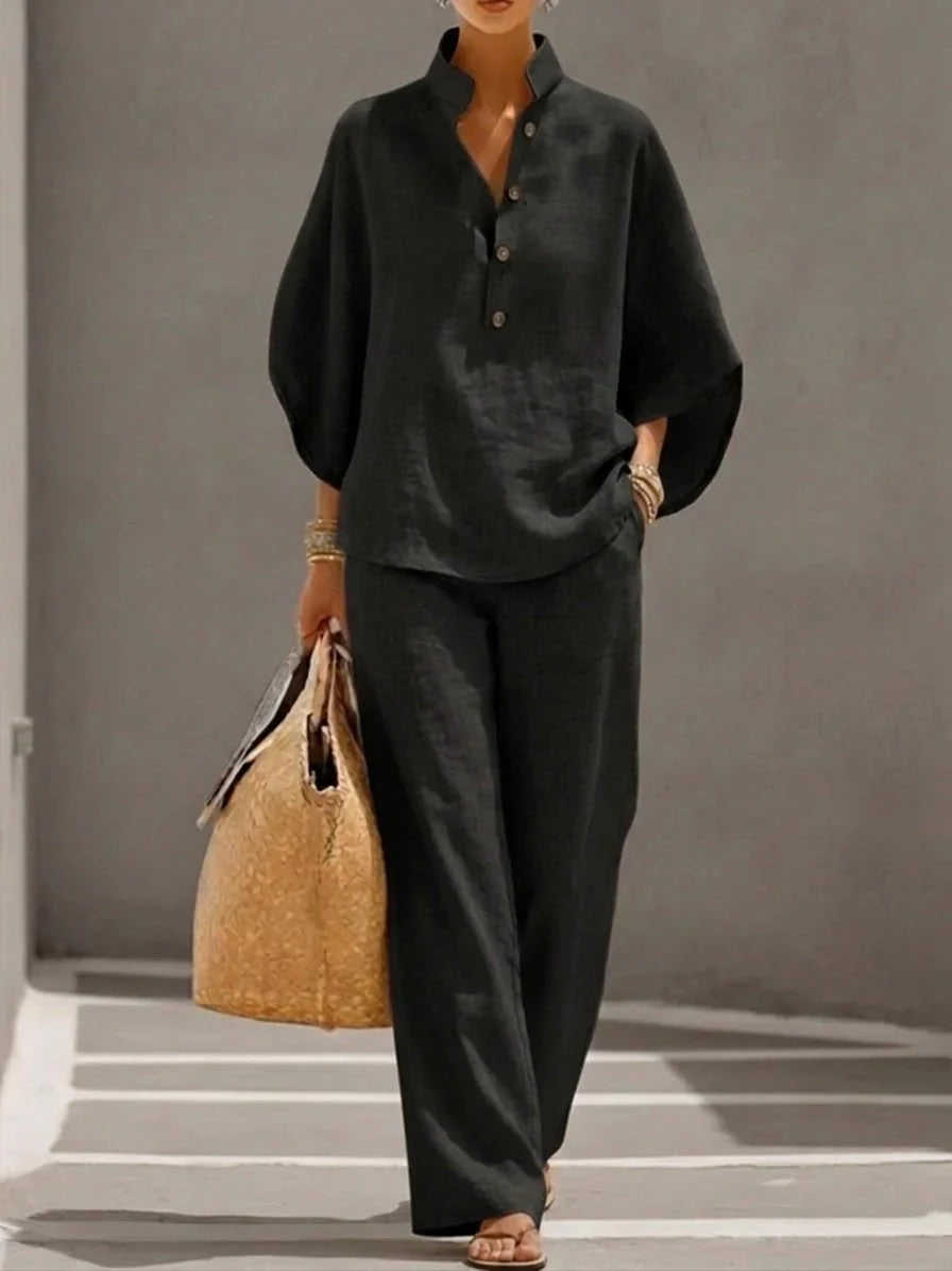 Maribel | Linen Batwing Sleeve Top and Wide-Leg Pants Set