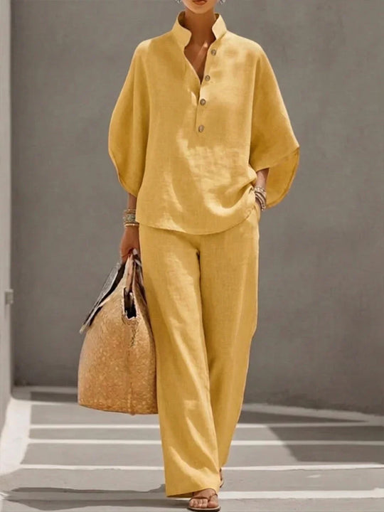Maribel | Linen Batwing Sleeve Top and Wide-Leg Pants Set