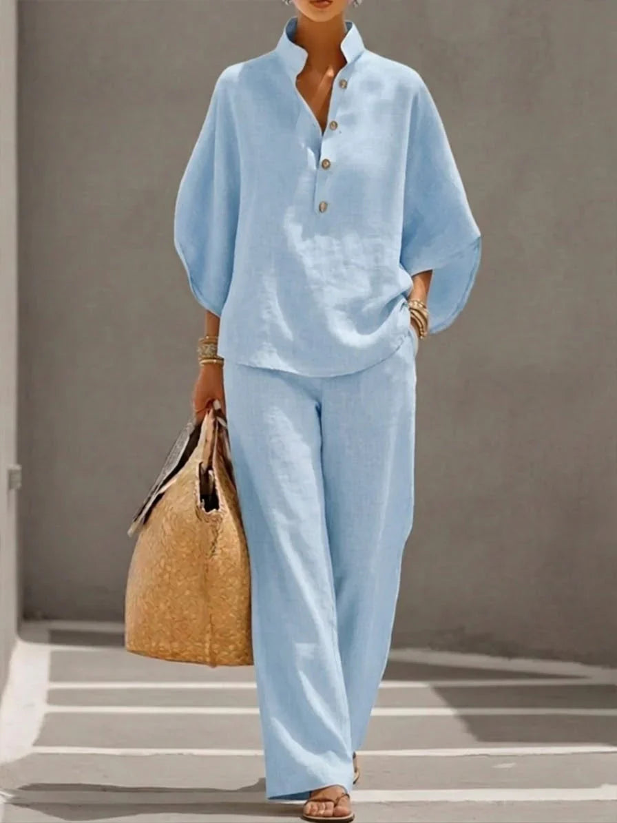 Maribel | Linen Batwing Sleeve Top and Wide-Leg Pants Set