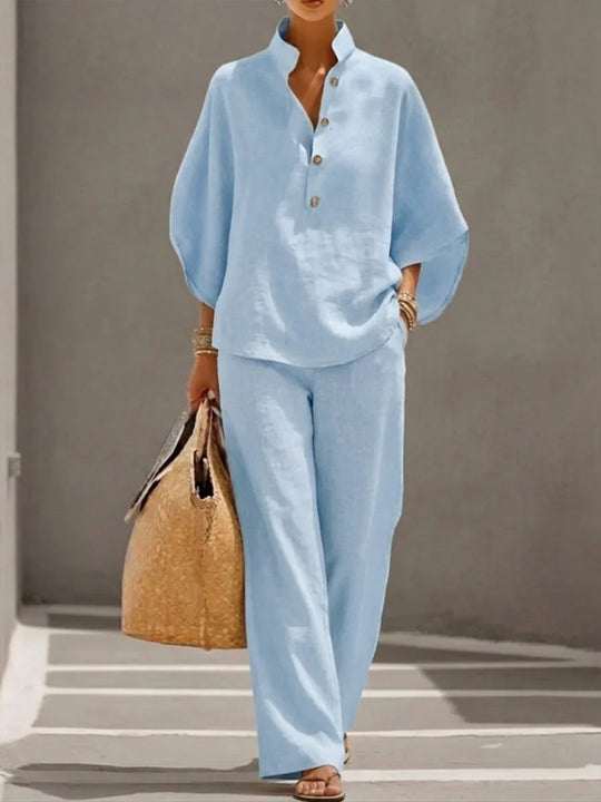 Maribel | Linen Batwing Sleeve Top and Wide-Leg Pants Set