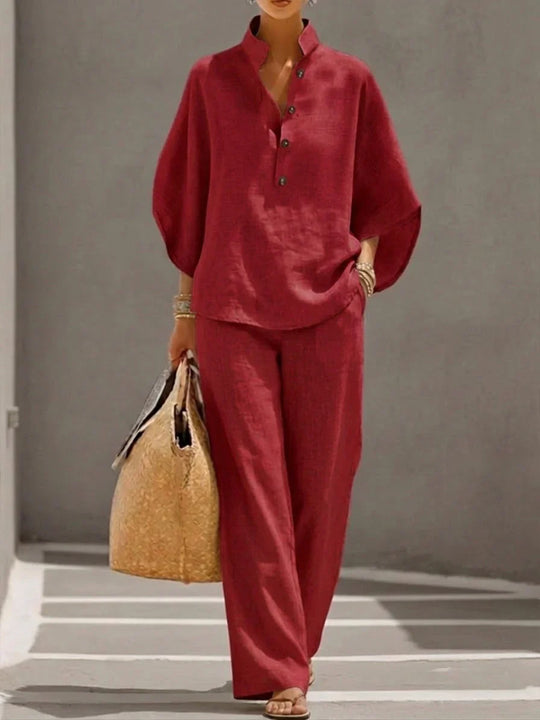 Maribel | Linen Batwing Sleeve Top and Wide-Leg Pants Set