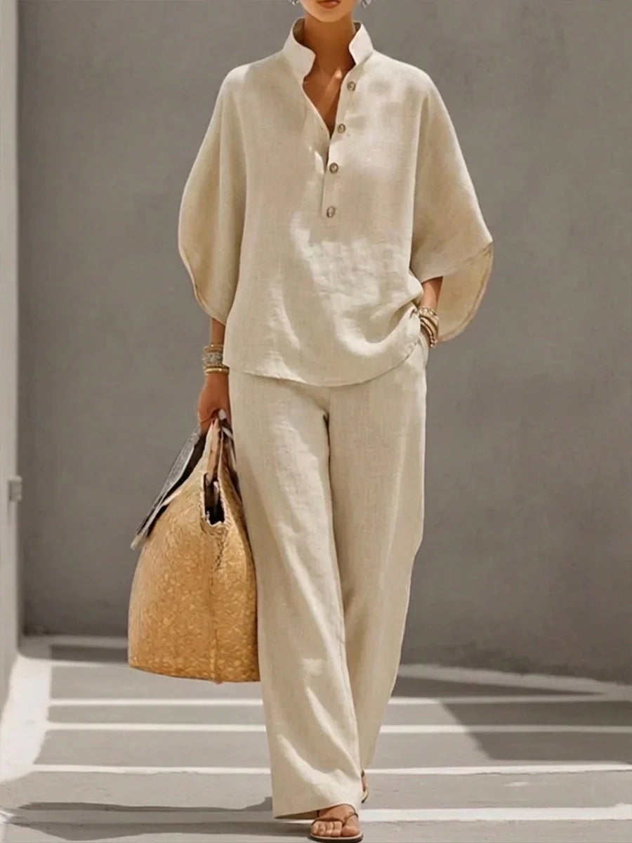 Maribel | Linen Batwing Sleeve Top and Wide-Leg Pants Set