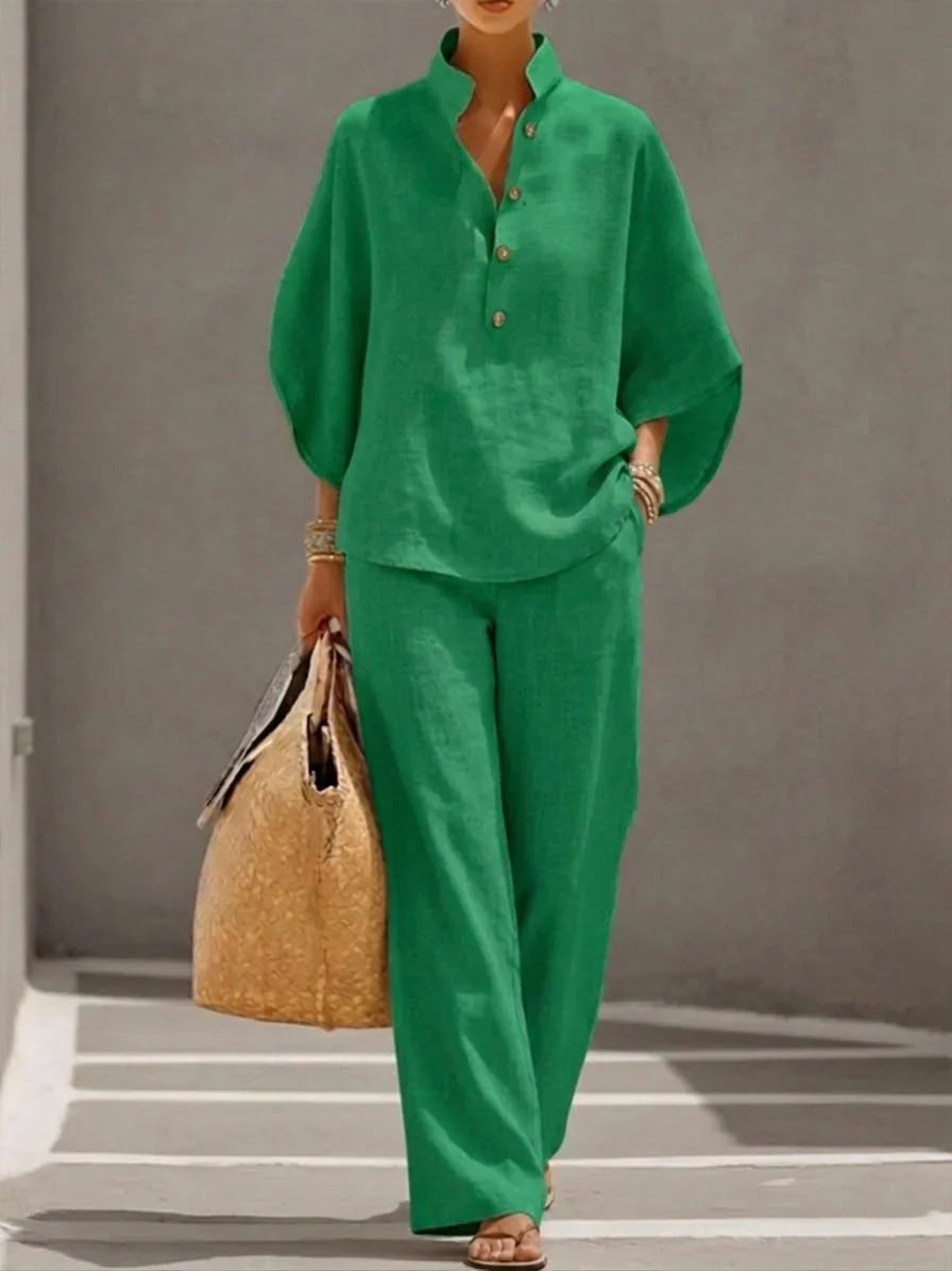 Maribel | Linen Batwing Sleeve Top and Wide-Leg Pants Set