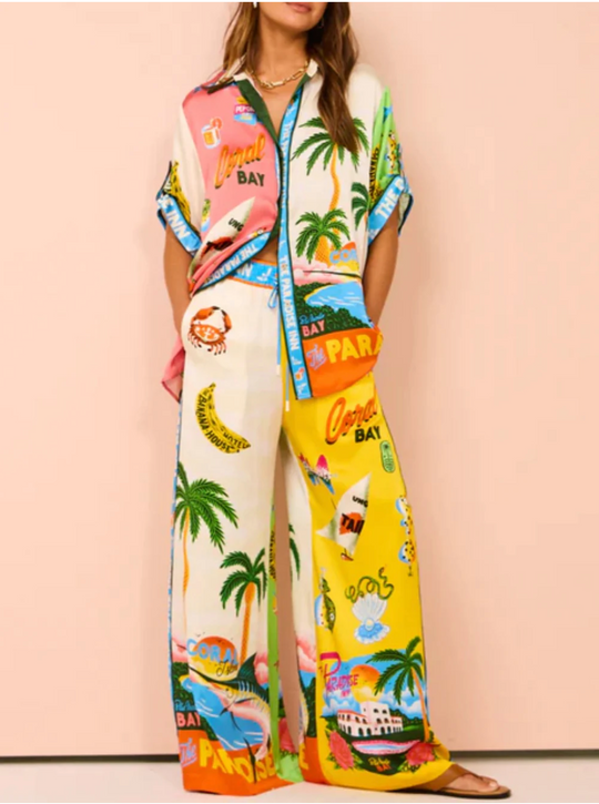 Women's Beach Print Top and Pants Set | Two-Piece