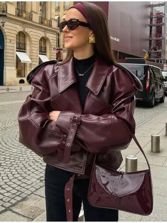 Women's Oversized Bomber Motorcycle Jacket | Collar Zip Up